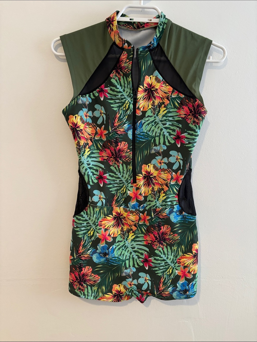 SHEIN Green Tropical Floral Zip-Front Women’s Swim Romper